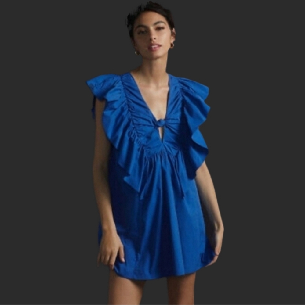 Anthropologie Blue Tassel Ruffled Waistless Mini Dress Size P Small